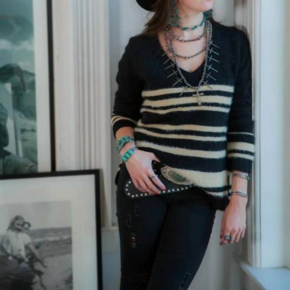 NEW TASHA POLIZZI striped pullover sweater in black/ neutral